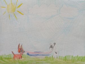 Котенок Гав и щенок Шарик делят сосиску пополам